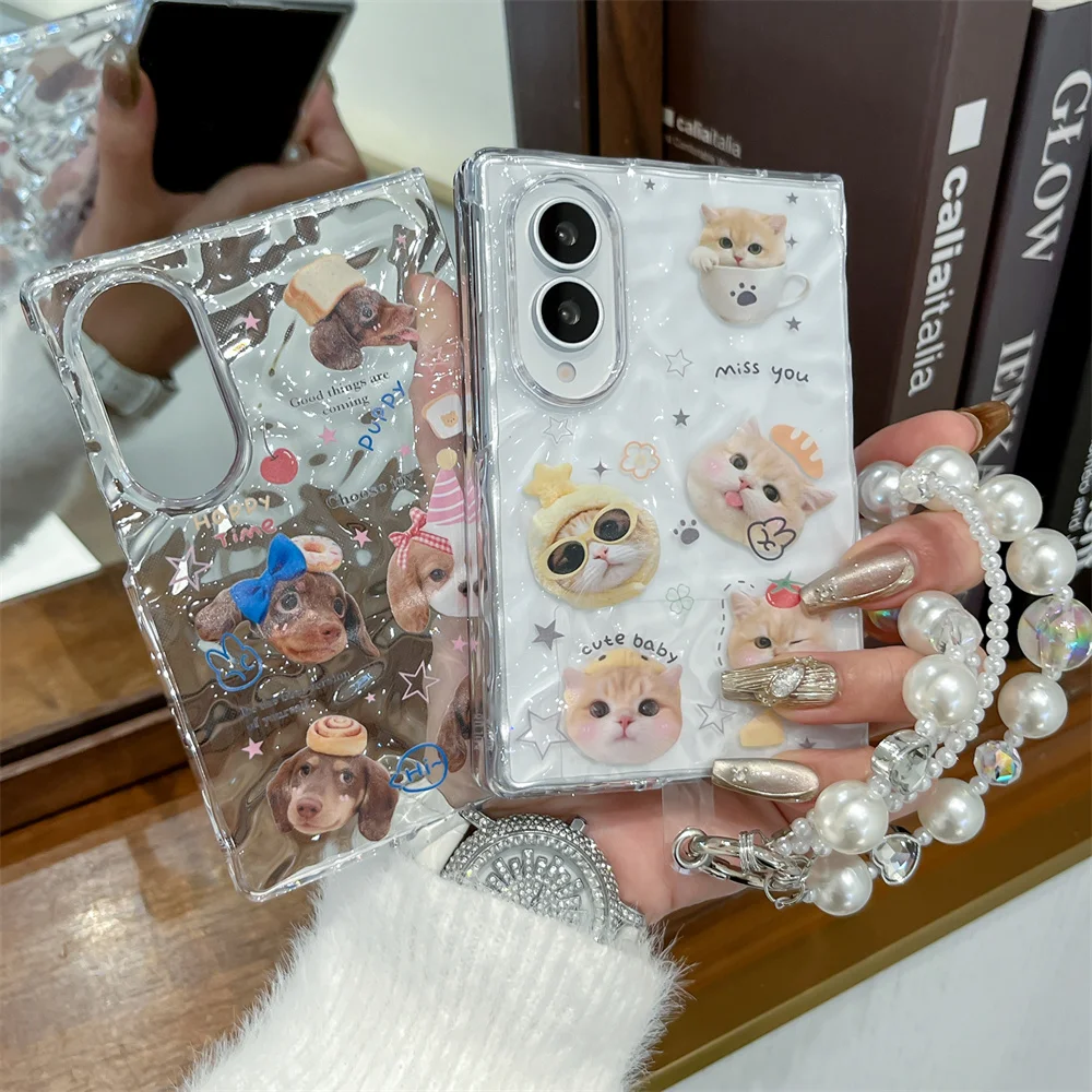 Adorable Cherry Kitten Puppy Phone Case with Chain - Korean Ins Style