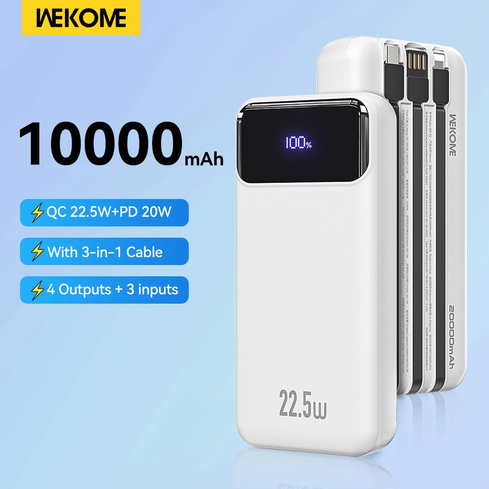 

WEKOME 10000mAh Large Capacity Power Bank Type C 22.5W QC3.0 PD 20W Fast Charging with 3 in 1 Cable for iPhone Smasung Xiaomi