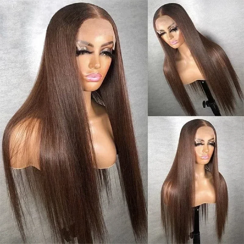 13x4 HD Chocolate Brown Bone Straight Lace Front Wig 32 Inch Lace Frontal Wig Human Hair Pre Plucked #4 Colored Human Hair Wig 2
