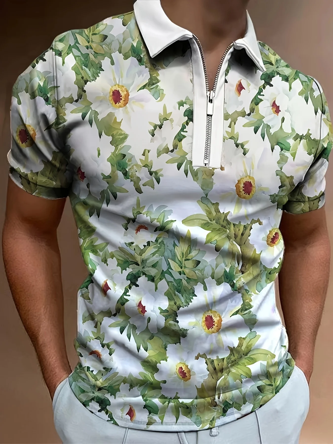 Plus size men's 3D printed polo flower pattern casual fashion summer tops