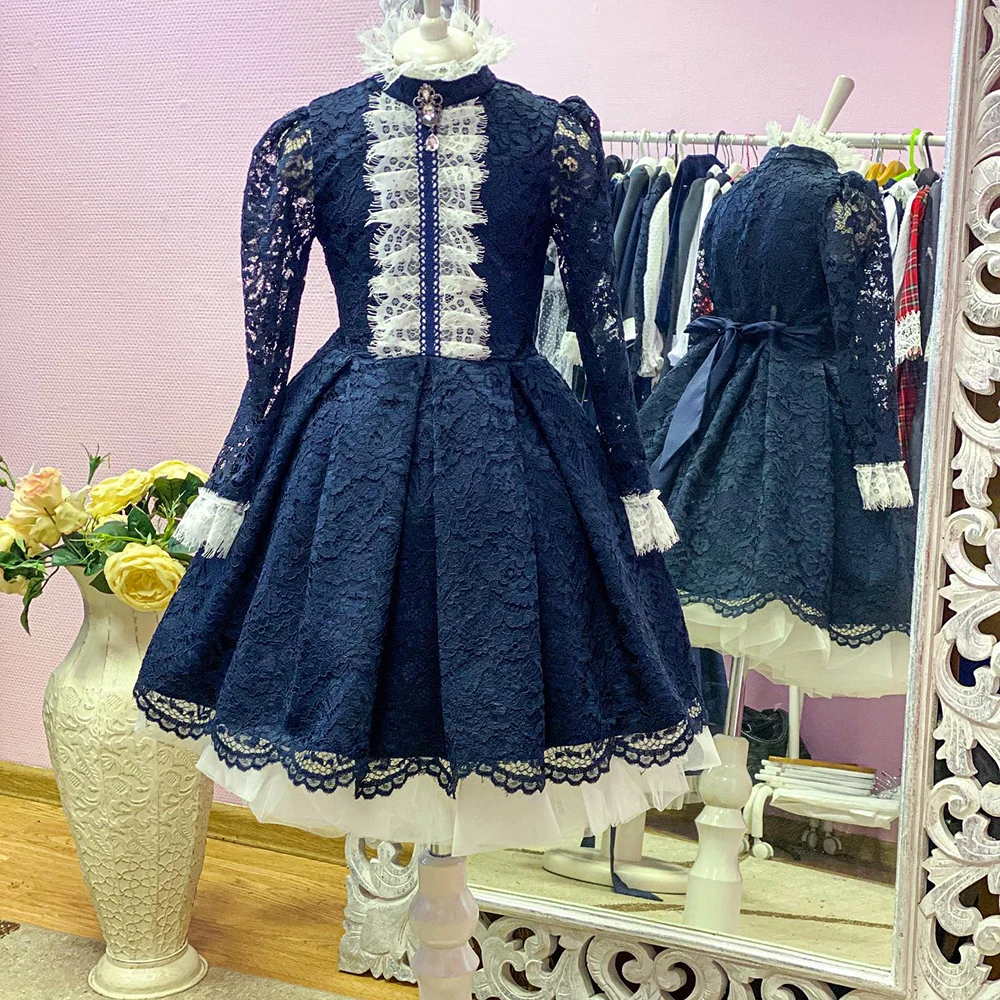 

Dark Blue Flower Girl Dresses Lace Child Evening Dress High Collar Children's Elegant Dress Long Sleeves Girl Kid's Dress