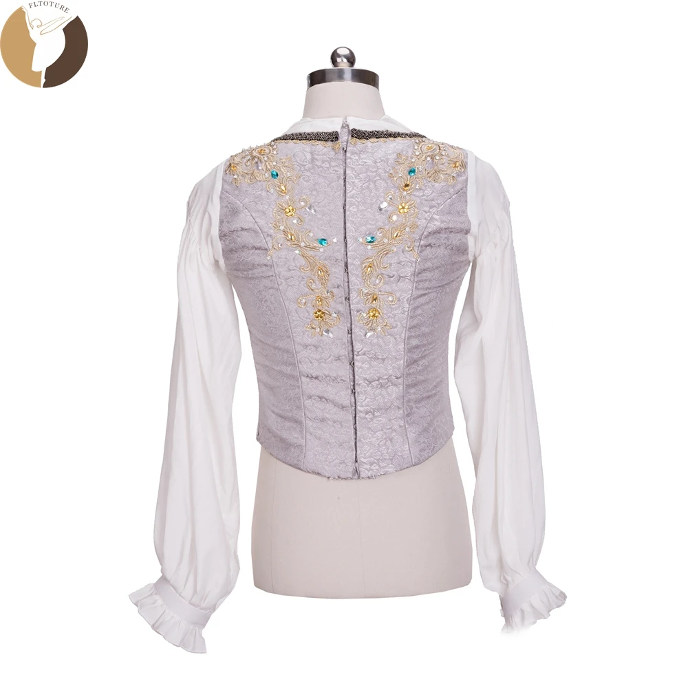 Fltoture MT004  Professional Custom Made Long Sleeve Chiffon White Undershirt Silver Male Tunic Boy Ballet Stage Costume Vest