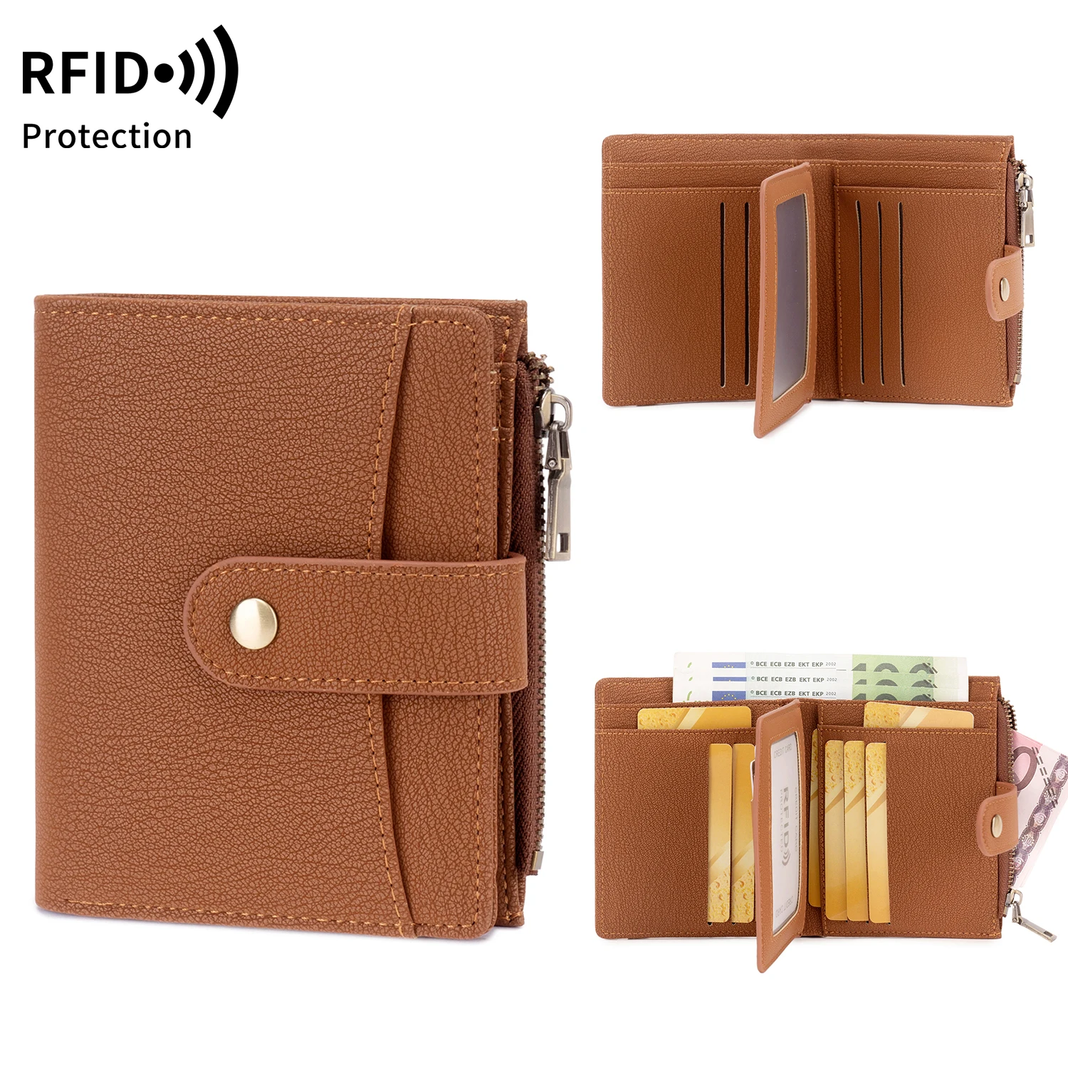 Elegant RFID Blocking Women's Trifold Wallet with Zippered Coin Pocket - Durable PU Leather Card Holder