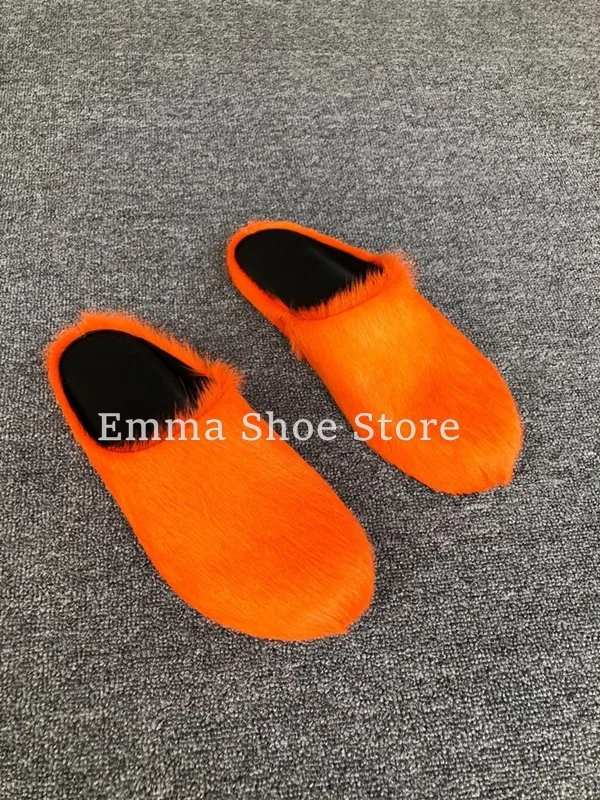 Roman Platform Thick Soled Round Toe Genuine Leather Slippers for Women Horse Hair Half Slippers Casual Flat Shoes Outer Wear 4