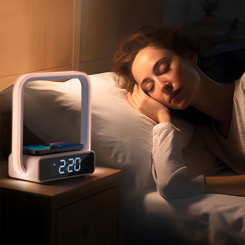 Touch Lamp Alarm Clock with Wireless Charging Wake-Up RGB ambient light Digital Sonic 5W Max Qi Charger Nightstand Reading Lamps