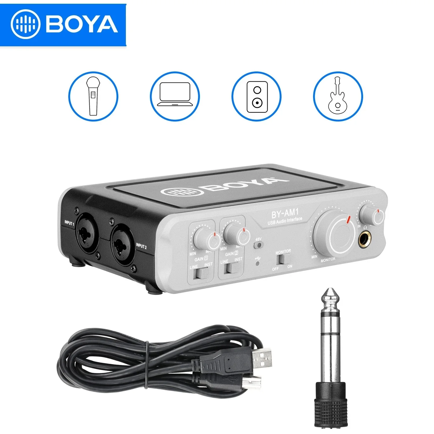 

BOYA BY-AM1 двухканальный аудиомикшер USB 6,35 мм/XLR комбинированные входы 6,35 мм наушники 48 В фантомное питание для записи звука