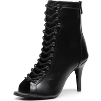Woman Black Brown Latin Jazz Dance Shoes Open Toe High Heel Stiletto Bootie Girls Slim Heel 8.5cm/10cm Lace Up Dance Boots 1