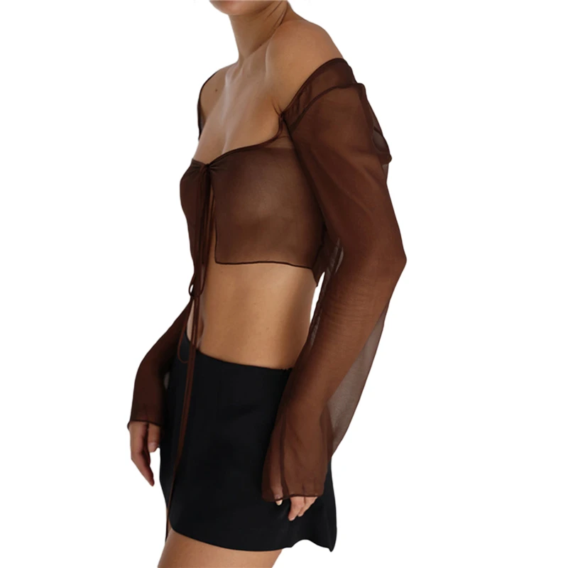 Top corto estético vintage de verano para mujer, camiseta de malla de manga larga con cordones, ropa de vendaje Y2K, camisetas casuales grunge