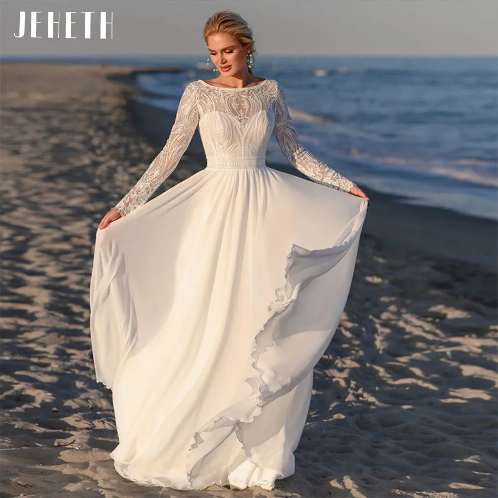 

Женское пляжное свадебное платье JEHETH, Кружевная аппликация в стиле бохо с длинными рукавами, иллюзионное свадебное платье, гражданское шифоновое платье с глубоким вырезом Элегантное снежное свадебное платье Свадебно
