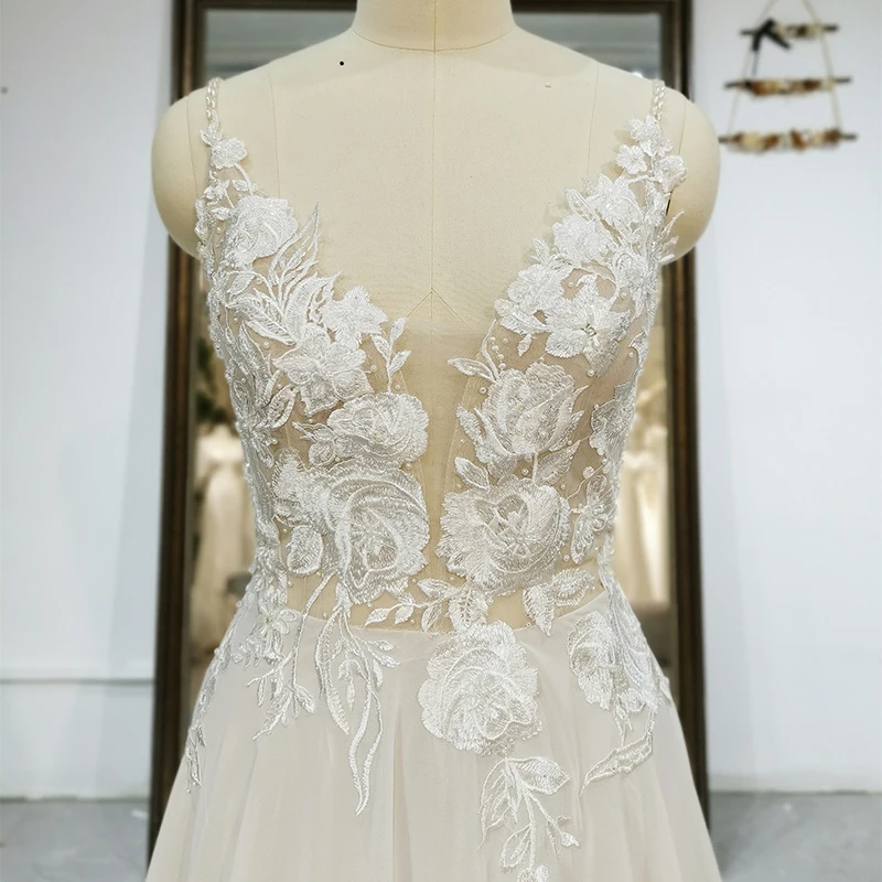 QW01301 Lace Beading White Pleat Wedding Dress Sleeveless Dresses For Quinceanera Flower Scalloped White Dress brautkleid boho 3