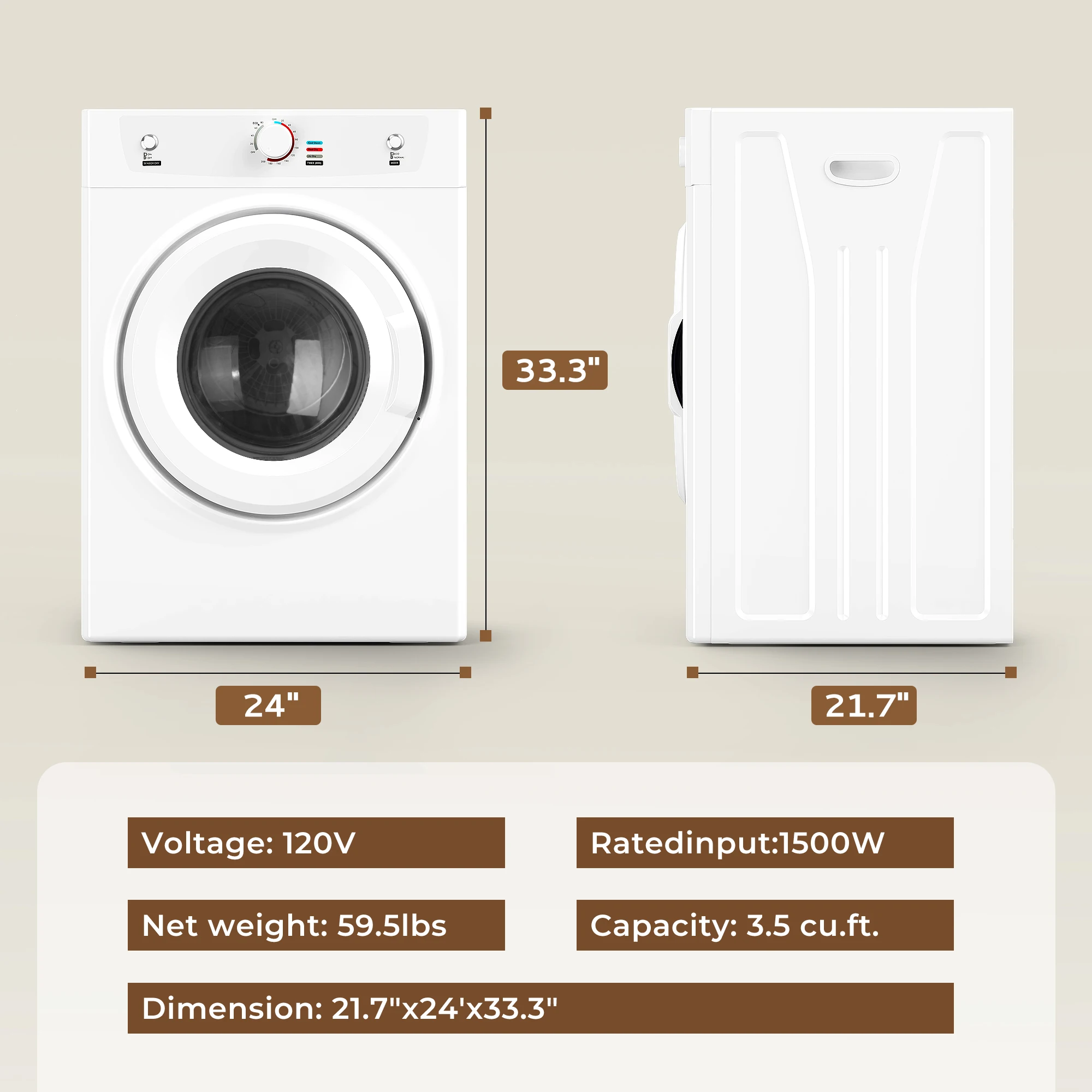 SIMZLIFE 3.5 Cu.Ft. Dryer 1500W Electric Clothes Dryer Stainless Steel Tumble with Exhaust Hose for Home Apartment Dorm