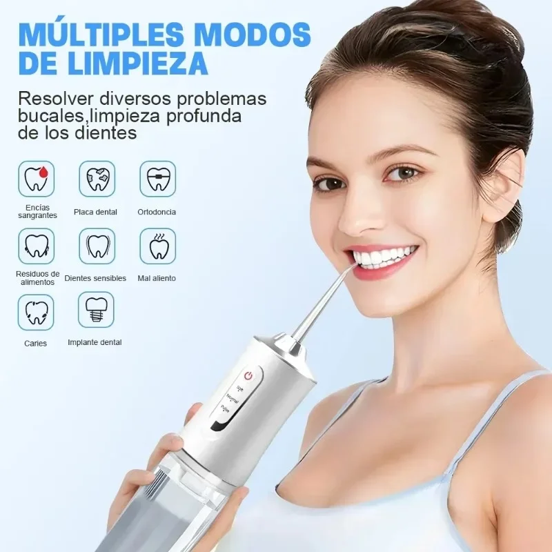 Irrigador bucal portátil inalámbrico con 3 modos de limpieza y 4 boquillas reemplazables, ideal para la salud de las encías, el blanqueamiento dental, los viajes y el uso doméstico (el color se envía al azar).