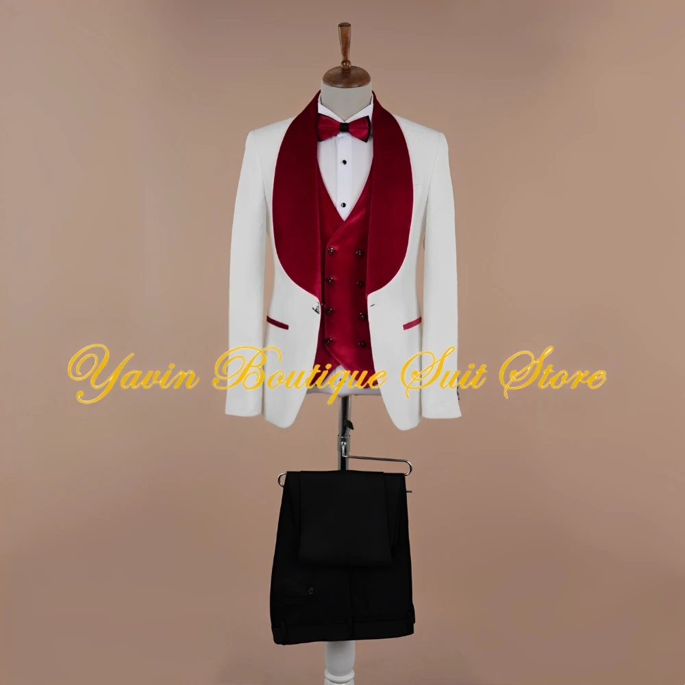 

Velvet Lapel White Jacquard Men's Suit For Wedding 3 Pcs Male Fashion Blazer Vest Pants Set Groom Tuxedo