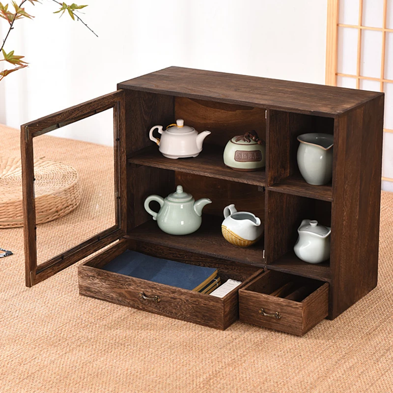 Solid wood dustproof desktop storage box modular detachable cosmetic shelf tea set organizer tea cup holder bookcase teapot latt 3