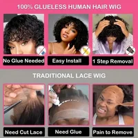 Perruque courte bouclée avec frange, 100% cheveux humains, pour femmes, cheveux brésiliens Remy 4C, Jerry Curl, sans colle, usage quotidien, couleur naturelle 6