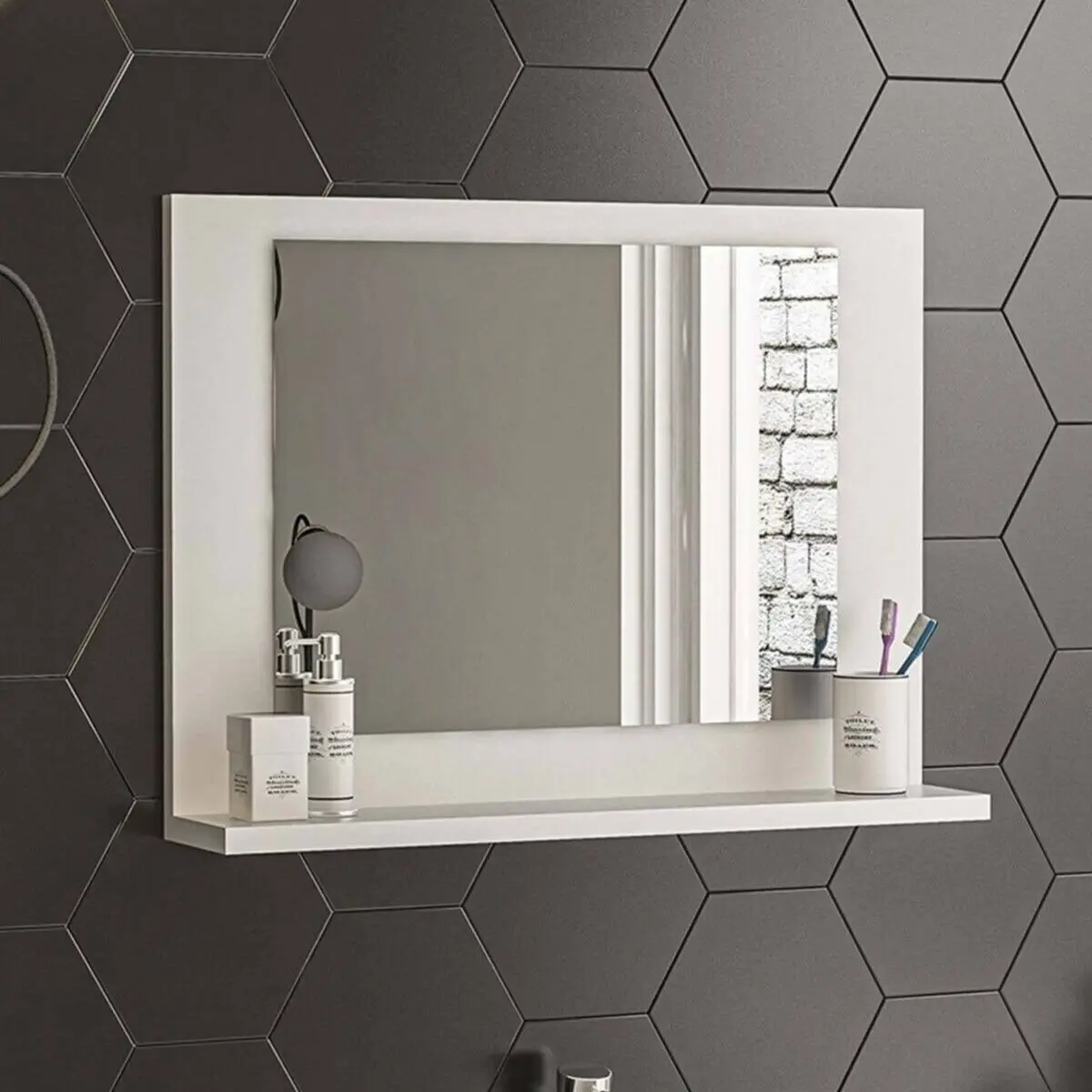 LargeModernBathroomMirrorandShelfDecorativeLuxuryWhiteMirrored