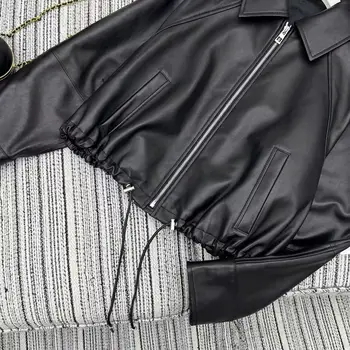 New black leather jacket for women in Spring 25 featuring zipper embroidery loose versatile sheepskin lapel genuine leather top 2