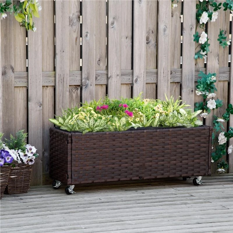 Real Rattan Raised Garden Bed Garden Planters Box With Wheels, Patio