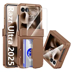 Black Phone Case with Card Clip, Hinge Protection, RFID Shielding, and Screen Protector for Motorola Razr 2025 (Gold)
