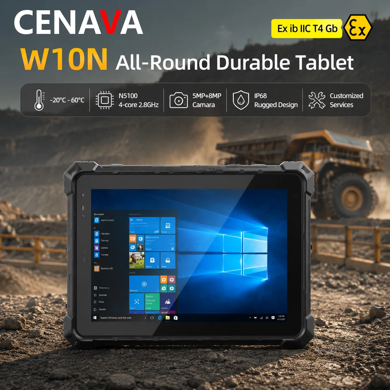 CENAVA W10N 러기드 태블릿 10.1인치 윈도우 11 프로 인텔 N5100 8GB+128GB IP68 산업용 야외 작업용 맞춤형 4G/5G/NFC 2D 스캐너