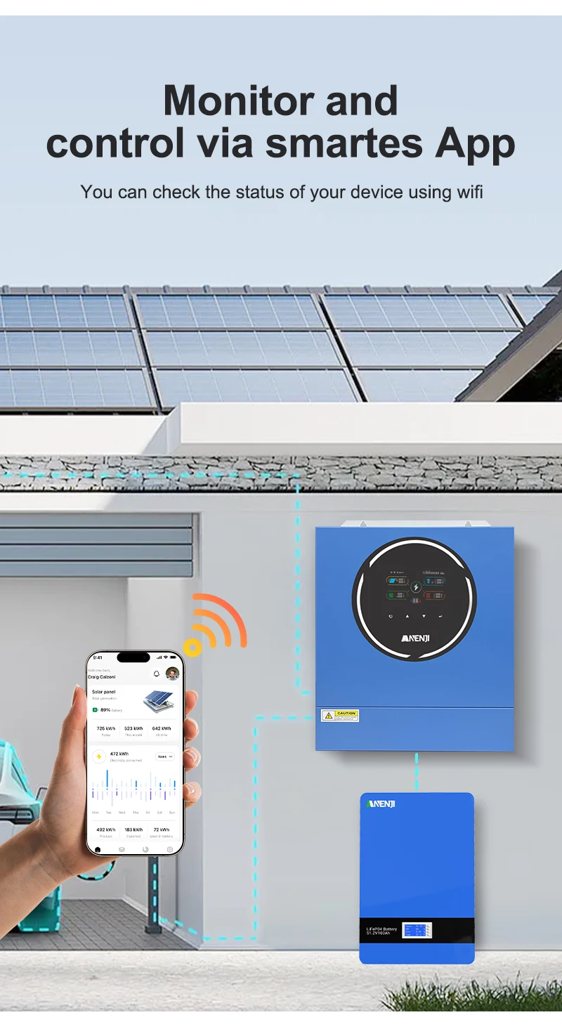 5KW 48V Hybrid-Solarwechselrichter 230V MPPT 100A mit integriertem WLAN, Dual-Ausgang, reine Sinuswelle, On/Off-Grid für Solaranlagen zu Hause – Detail 5