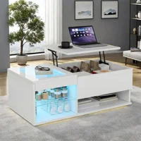 Anajqaqia, table basse réglable en hauteur 100×55×35 cm, table basse de salon avec bande lumineuse LED, table basse en verre trempé, table basse moderne minimaliste, table basse, table d'appoint de canapé, blanc 1