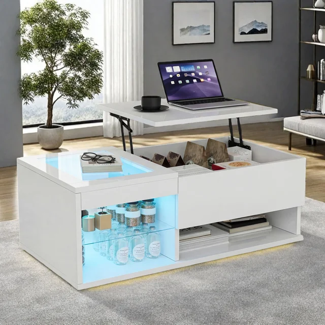 Anajqaqia, table basse réglable en hauteur 100×55×35 cm, table basse de salon avec bande lumineuse LED, table basse en verre trempé, table basse moderne minimaliste, table basse, table d'appoint de canapé, blanc 1