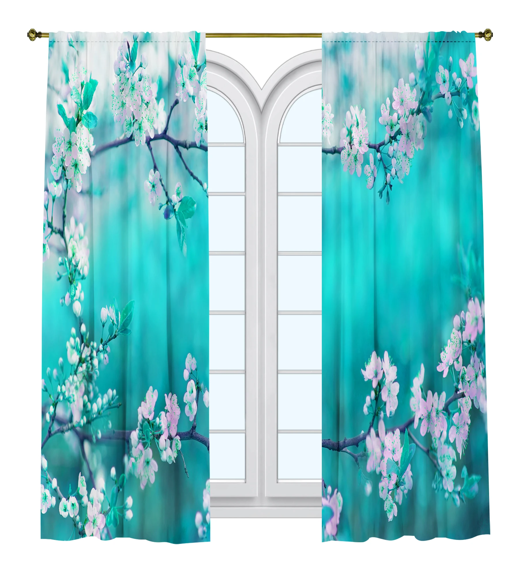 

Spring Landscape Printed Curtain / Bedroom Dining Room Living Room Covers Set of 2 Panels -Blooming Cherry Sakura Branches Decor