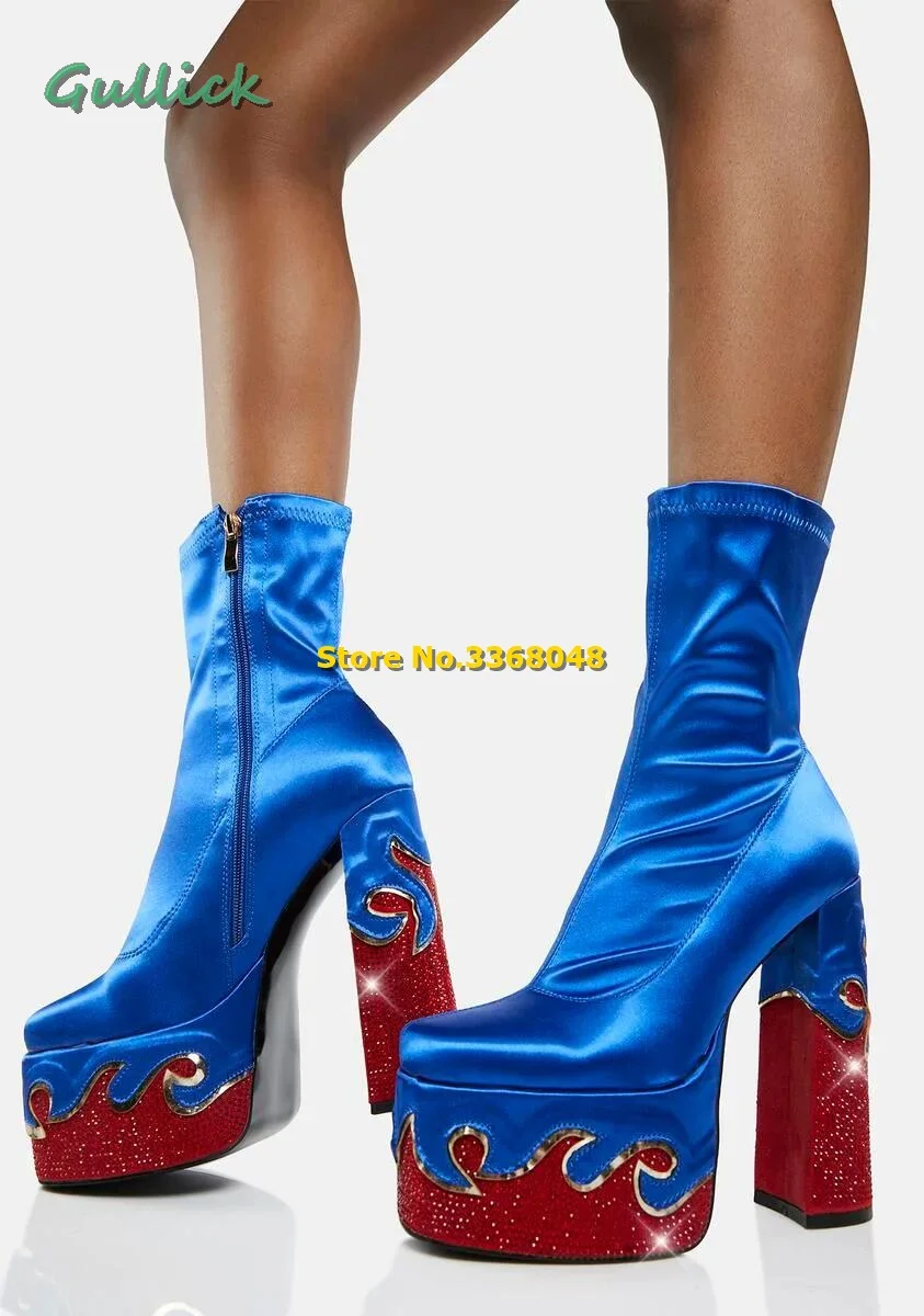 

Blue Satin Crystal Heel Boots Platform Block Heel Side Zipper Rhinestone Wave Details Side Zipper Closure Fashion Women Shoes