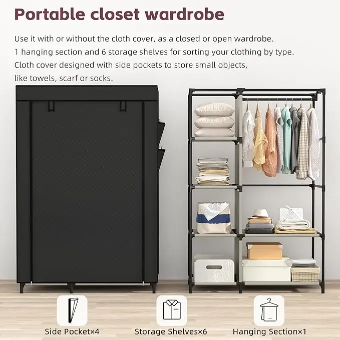 Portable Closet Organizer - 6 Shelves & Hanging Rod - Non-Woven Fabric Cover with 4 Side Pockets - Black - Compact Clothing 6