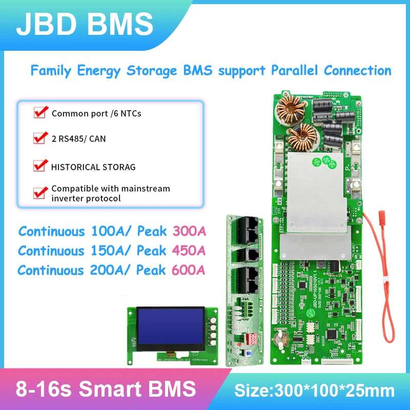 JBD 스마트 BMS 인버터 에너지 저장 장치, ESS 리튬 이온 Lifepo4 100A 150A 200A 10S 16S 60V BMS CAN RS485, NTC 병렬 연결