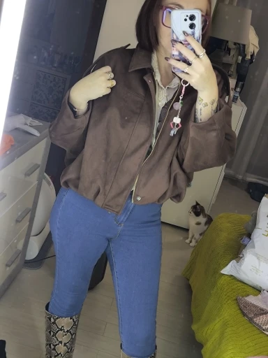 HXAO Women's Bomber Jacket Lapel Long Sleeve Zipper Suede Jacket Women 2025 High Street Cropped Racing Jackets Coats Outerwears photo review