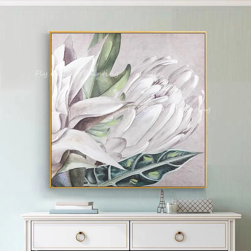 

White flower thick large size square picture oil canvas painting abstract sitting room dining-room wall no framework