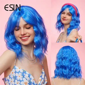 ESIN Synthetic Blue Wavy Bob Wigs Medium Long Loose Body Wave Wig with Bangs Cosplay Daily Natural Wigs for Women