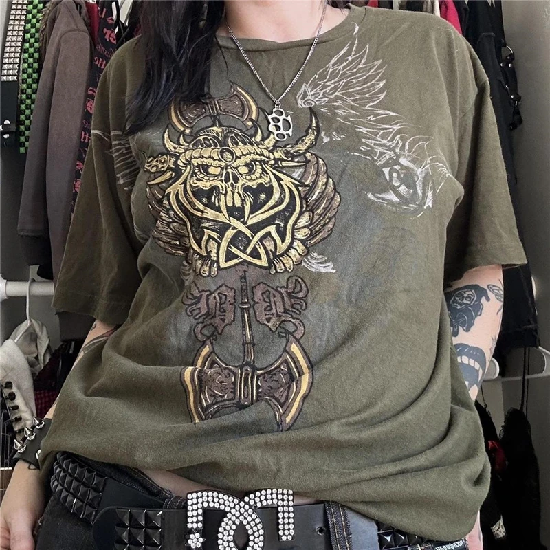 Camiseta Cyber Y2K de los años 2000 para mujer, con estampado de calavera, cuello redondo, manga corta, ropa estética para chicas E, ropa gótica para centro comercial, ropa urbana