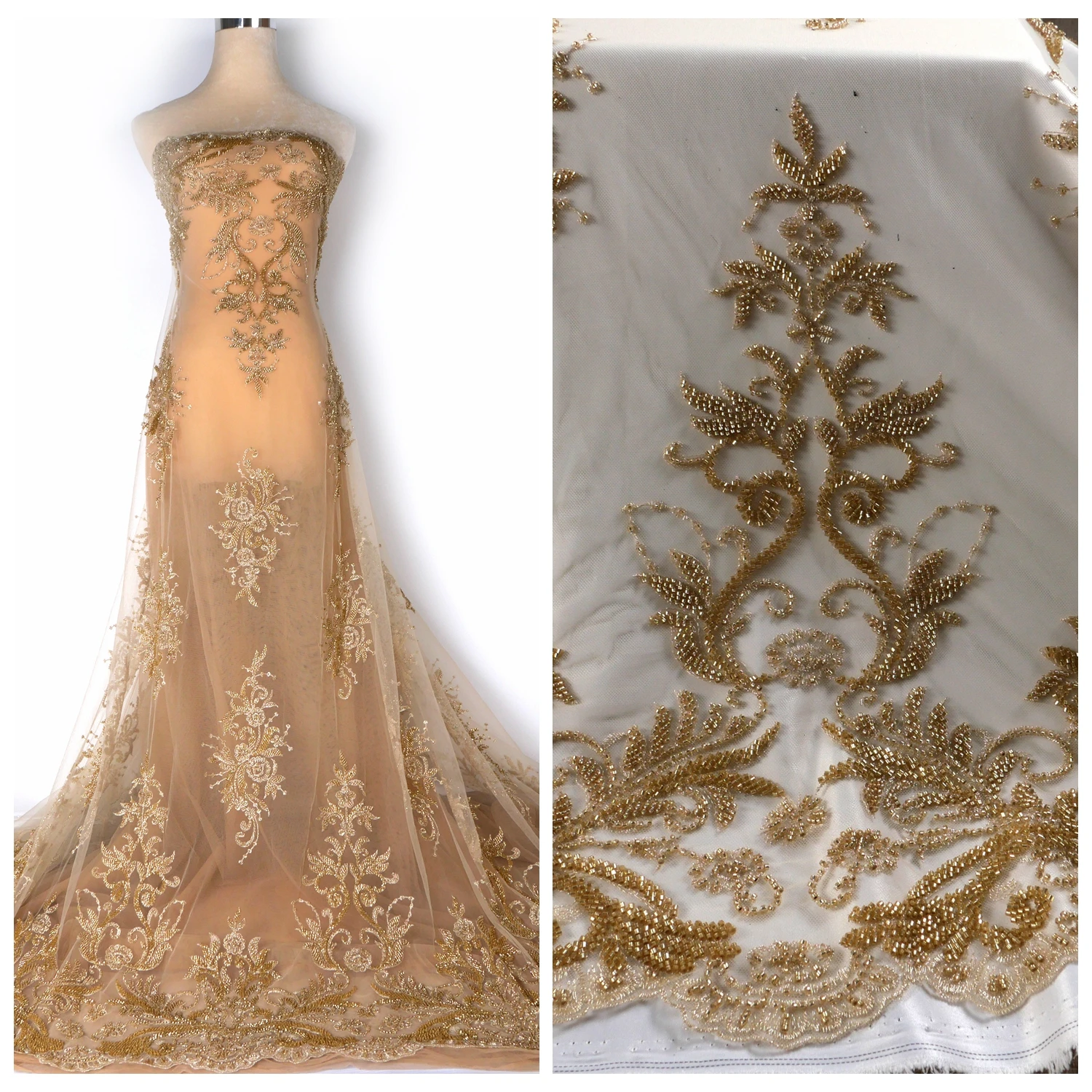 La Belleza beautiful Gold lace fabric special disign, heavy beaded wedding  prom dress lace fabric 47'' width 1 yard - AliExpress 15