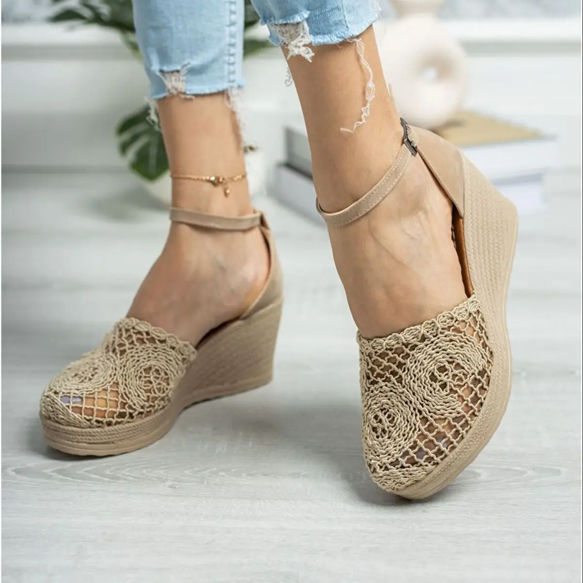 Women Wedge Heel Braided Mink Heels Shoes 2022 New Season Stylish Design Summer PU Comfortable High Sole