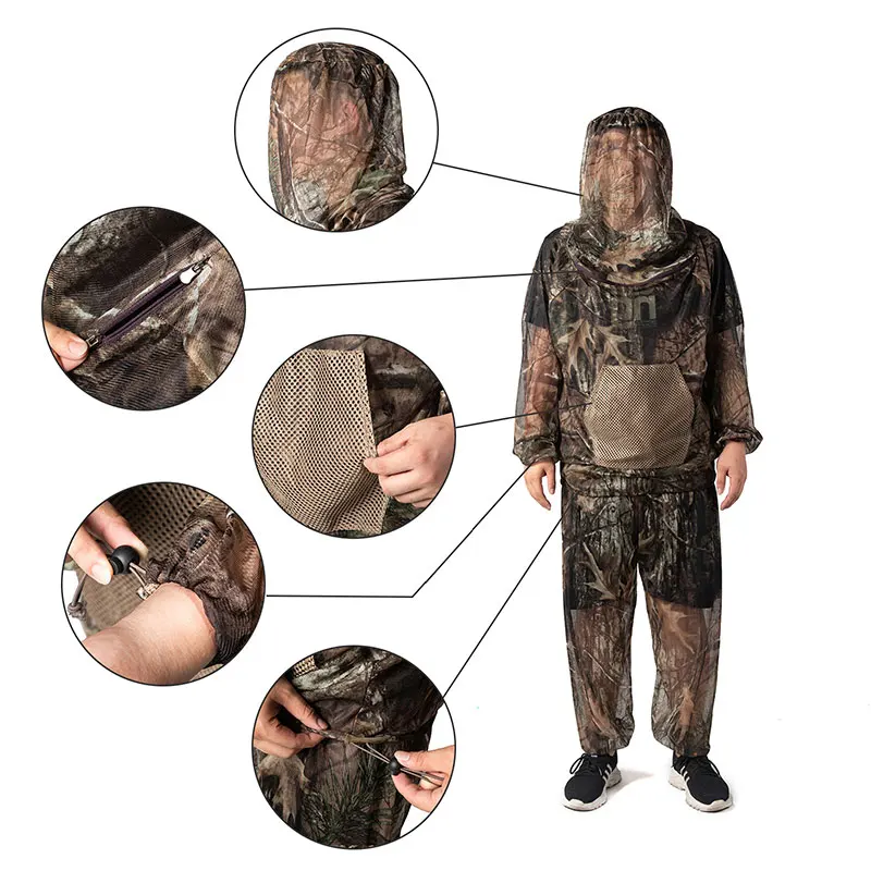 MENFLY Camouflage Anti-mosquito Beekeeping Suit Camping Adventure Safari Mesh Hood Hunting Ghillie Suits Camo Fishing Clothes