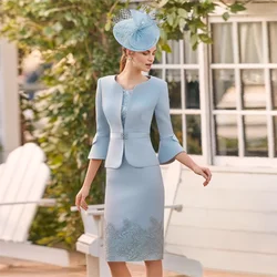 Exquisite Lace Mother of the Bride Dresses For Wedding Blue Scoop Neck Party Prom Gowns With Jacket Knee Length