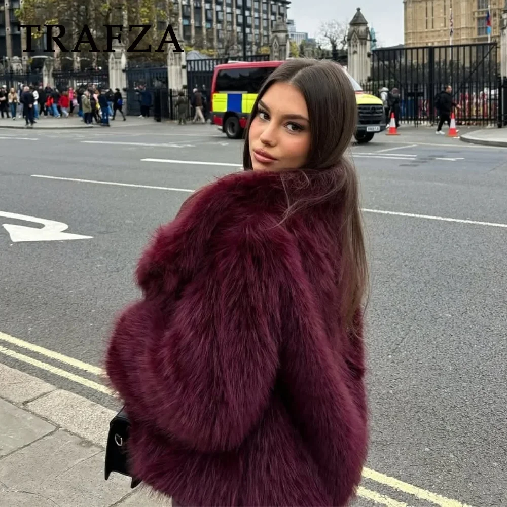 TRAFZA 2025 Autumn Winter Women Casual Faux Fur Jackets Fashion Streetwear Solid Oversized Turn Down Collar Elegant Thick Coats 4