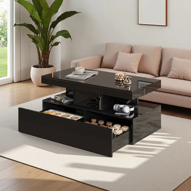 Table basse Fangange réglable en hauteur, table de salon brillante, table de canapé avec LED 16 couleurs, moderne et avec tiroirs, noir/blanc 1