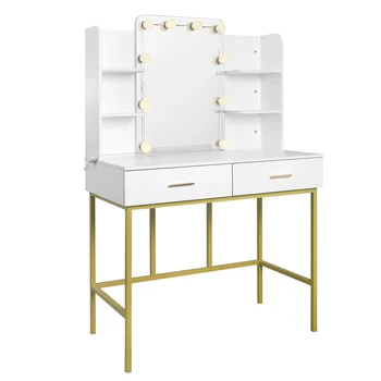 WOLTU White Gold Vanity Desk with Mirror LED Lighting 2 Drawers Modern Dresser Dressing Table Makeup Table for Bedroom Home