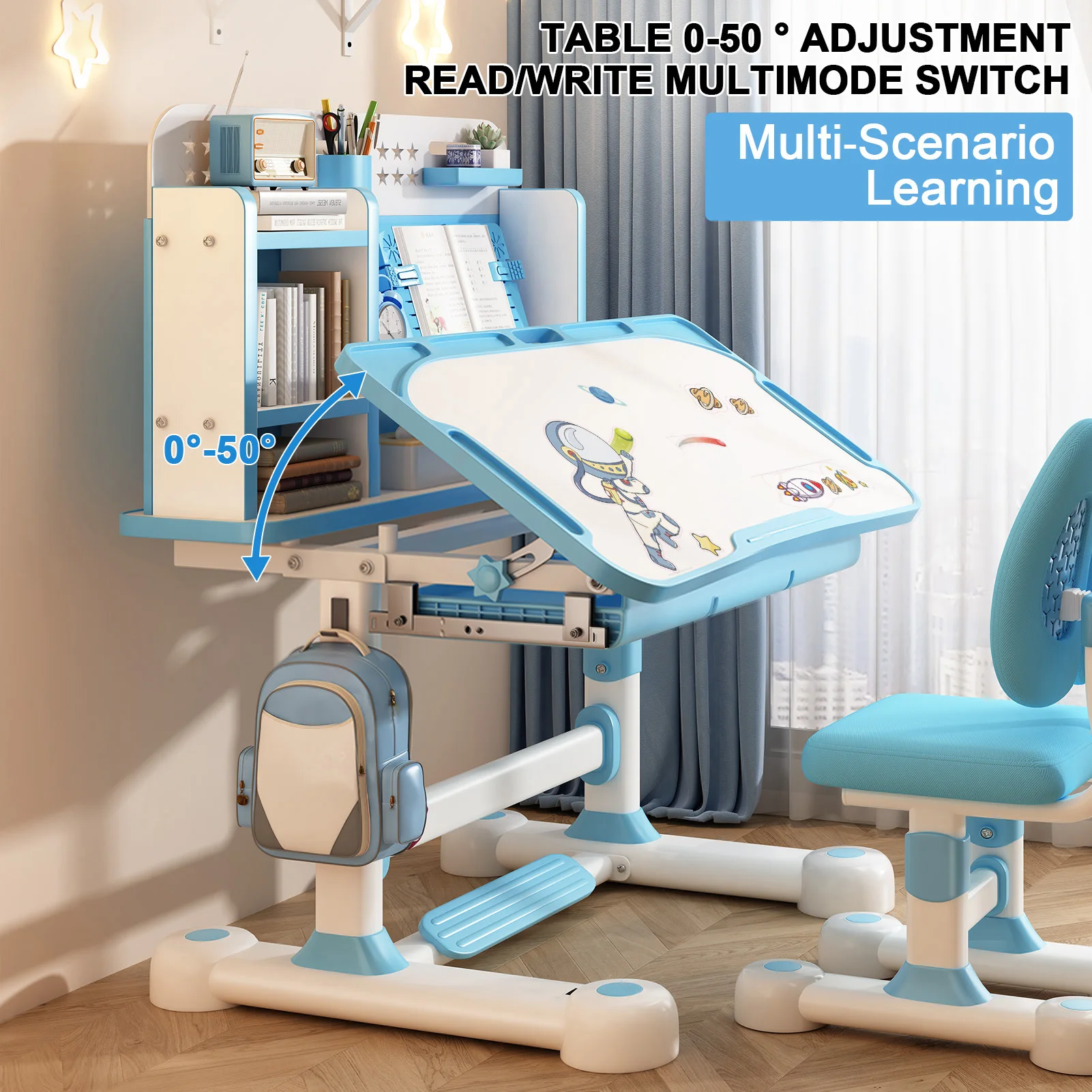 2Pcs/Set Kids Study Desk Chair Set, Height Adjustable Children School Study Table Chair Set with Sitting Corrector, Desk Chair 4