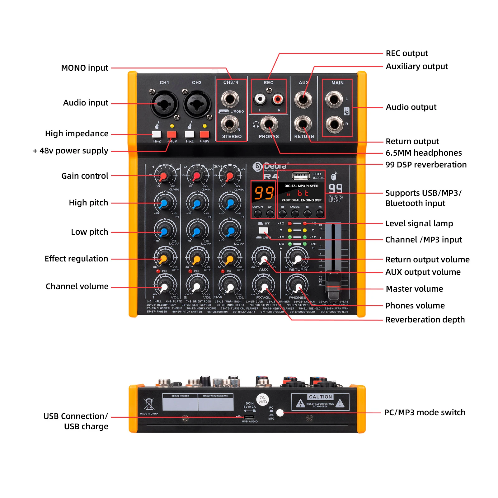 Debra 오디오 믹서 DJ 컨트롤러 사운드 믹싱 스테레오 R4/R6 99DSP 48V 6.5mm 출력 TypeC 사운드 카드 라이브 믹싱 PC 녹음