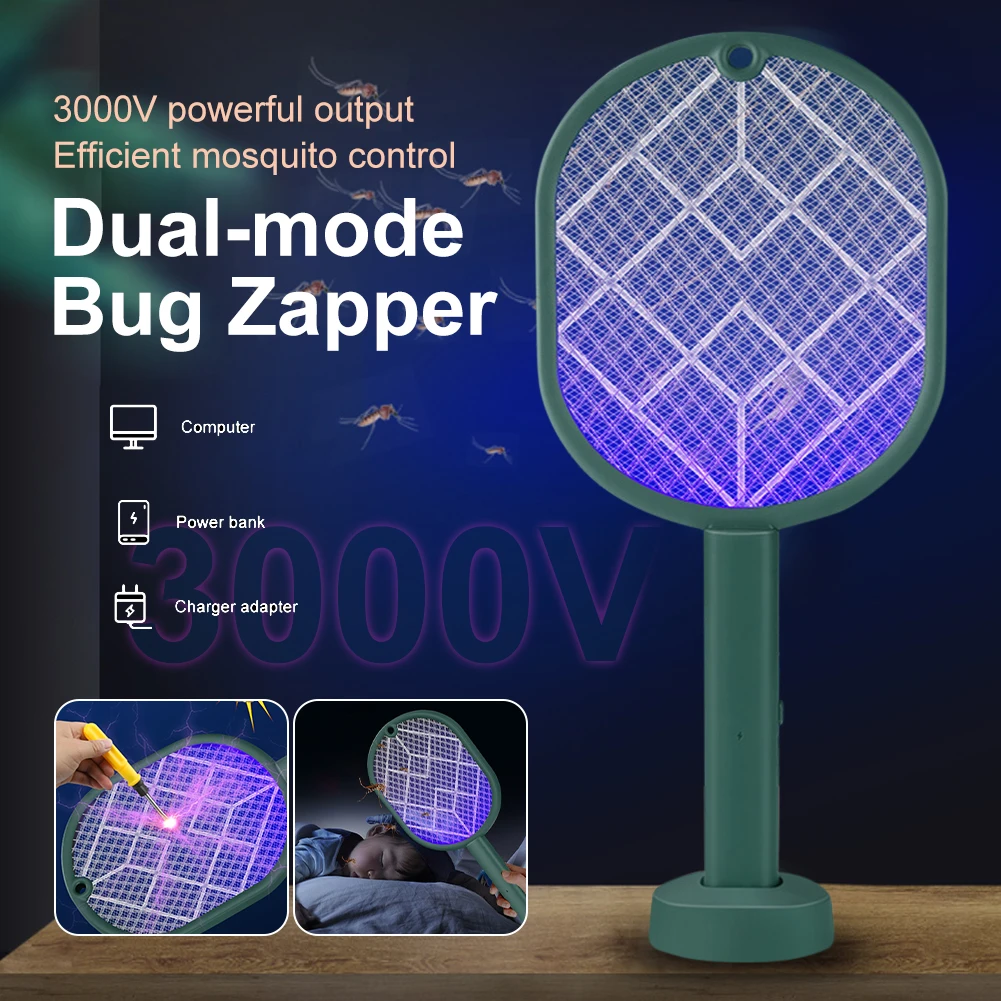 Bug Zapper Racket Rechargeable 2 In 1 3000V Electric Fly Swatter With Mosquito Lamp Indoor Outdoor Handheld Or Hands-Free Mode