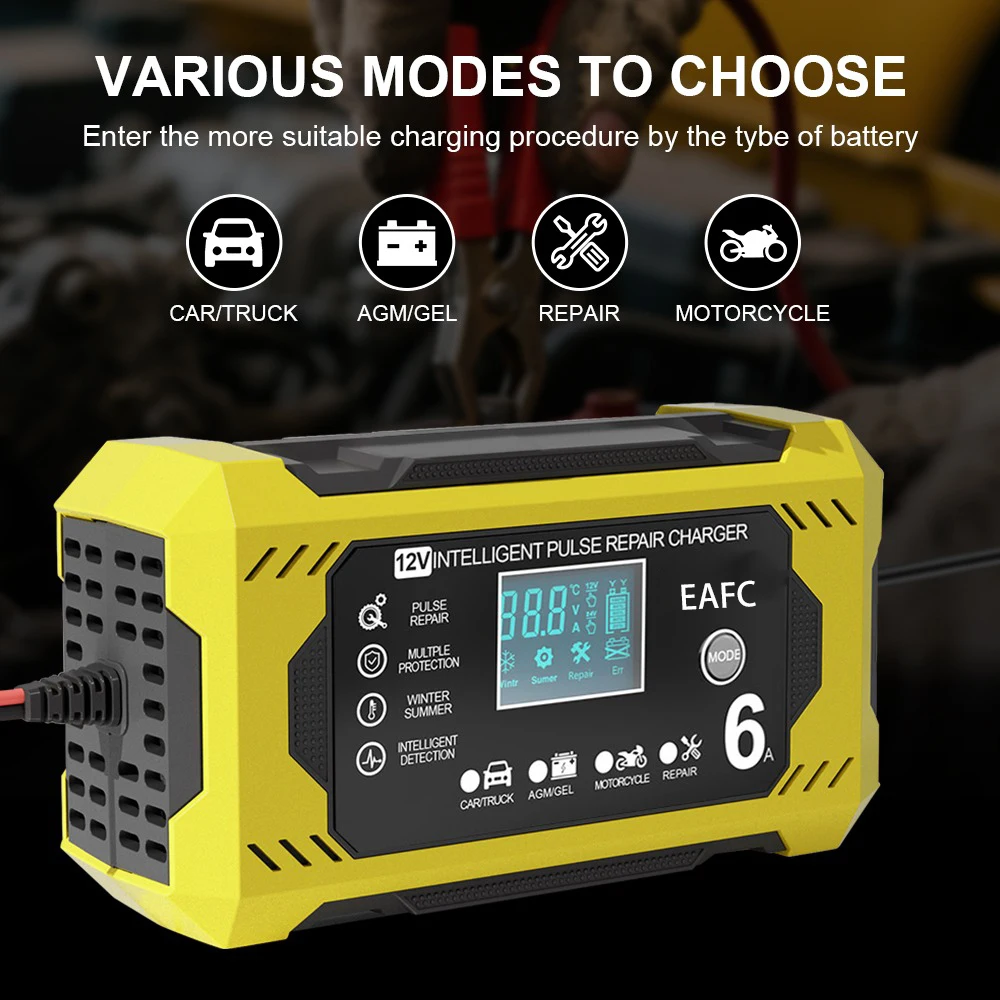EAFC Autobatterieladegerät 6A 12V Auto- und Motorradbatterieladegerät Blei-Säure-Batterie Smart Repair LCD-Display – Detail 5