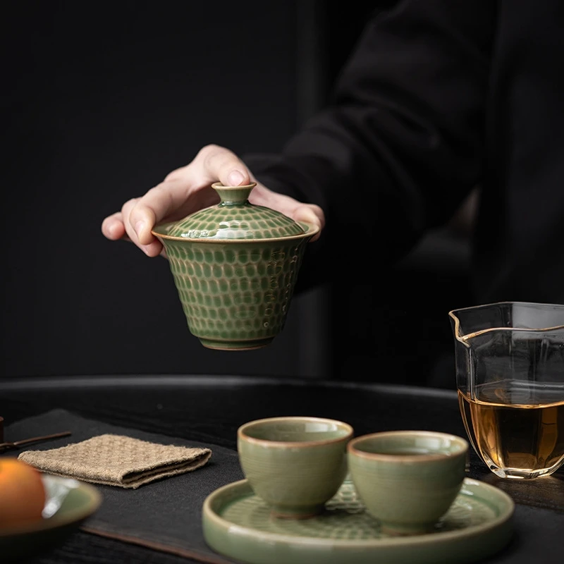 Japanese Style Uneven Green Gaiwan For Tea Porcelain Tureen Teaware Set Tea Bowl Chawan Lily Deng's Store Cup