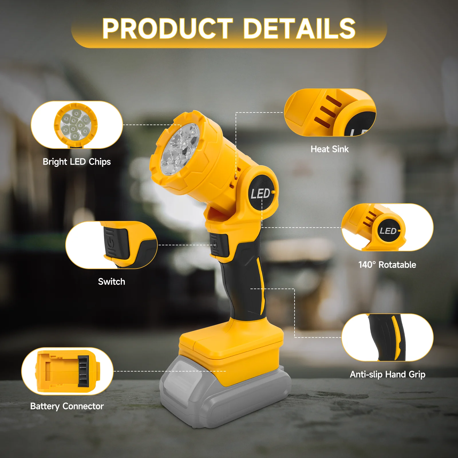 Cordless LED Work Light for Dewalt 20V Battery 10W 500LM 2 Lighting Mode Portabl