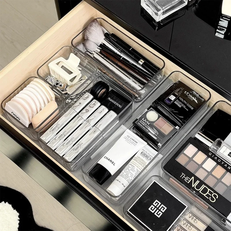 4/7PCS Clear Desk Drawer Organizers Set Plastic Bathroom Storage Makeup Organizer Transparent Storage Box Bins Kitchen Gadget