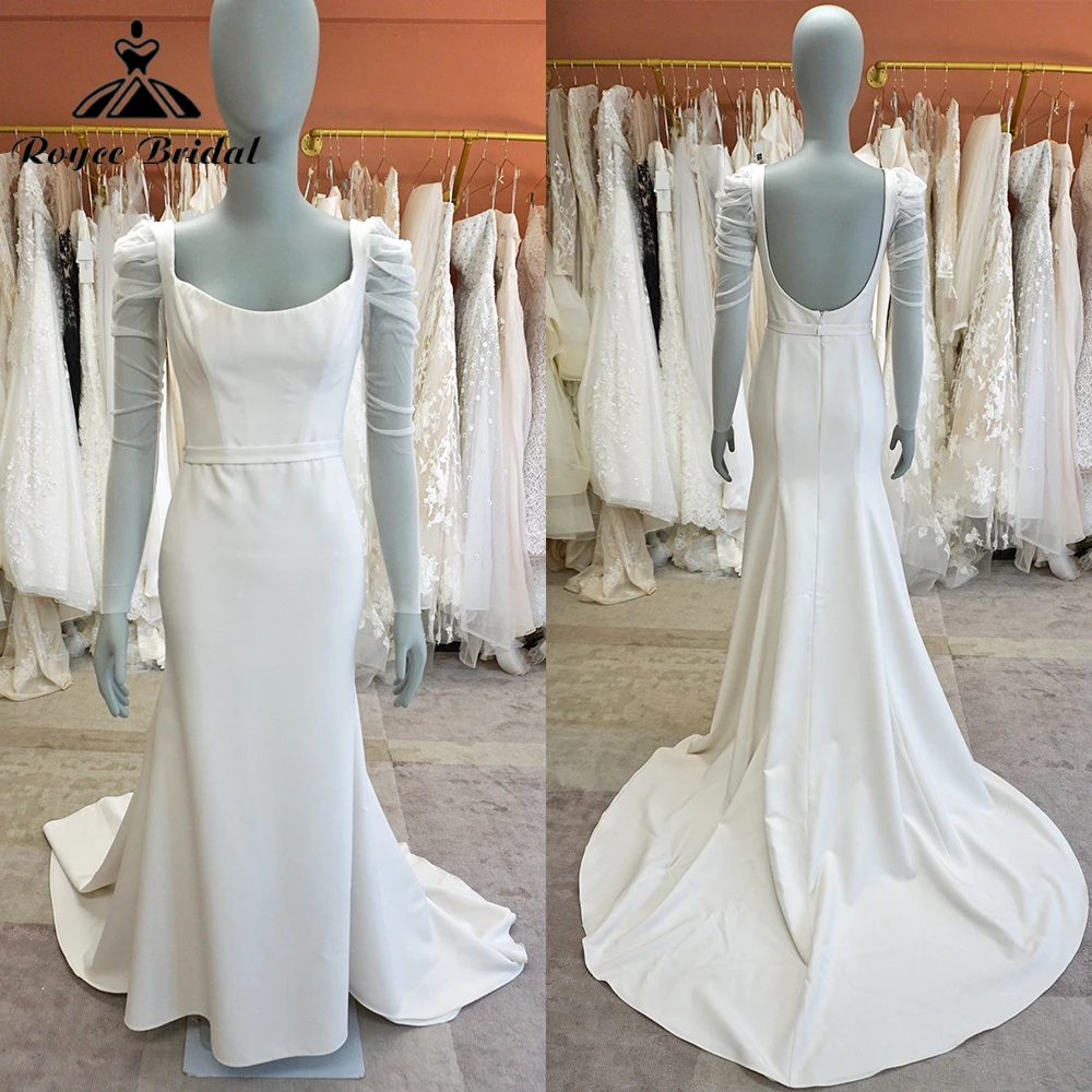 simple-elegant-full-puff-sleeve-sexy-open-back-belt-satin-mermaid